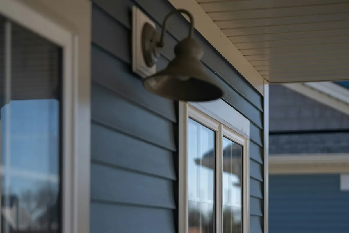 Close view of blue lap siding, white window trim and a white soffit with a dark barn-style wall light